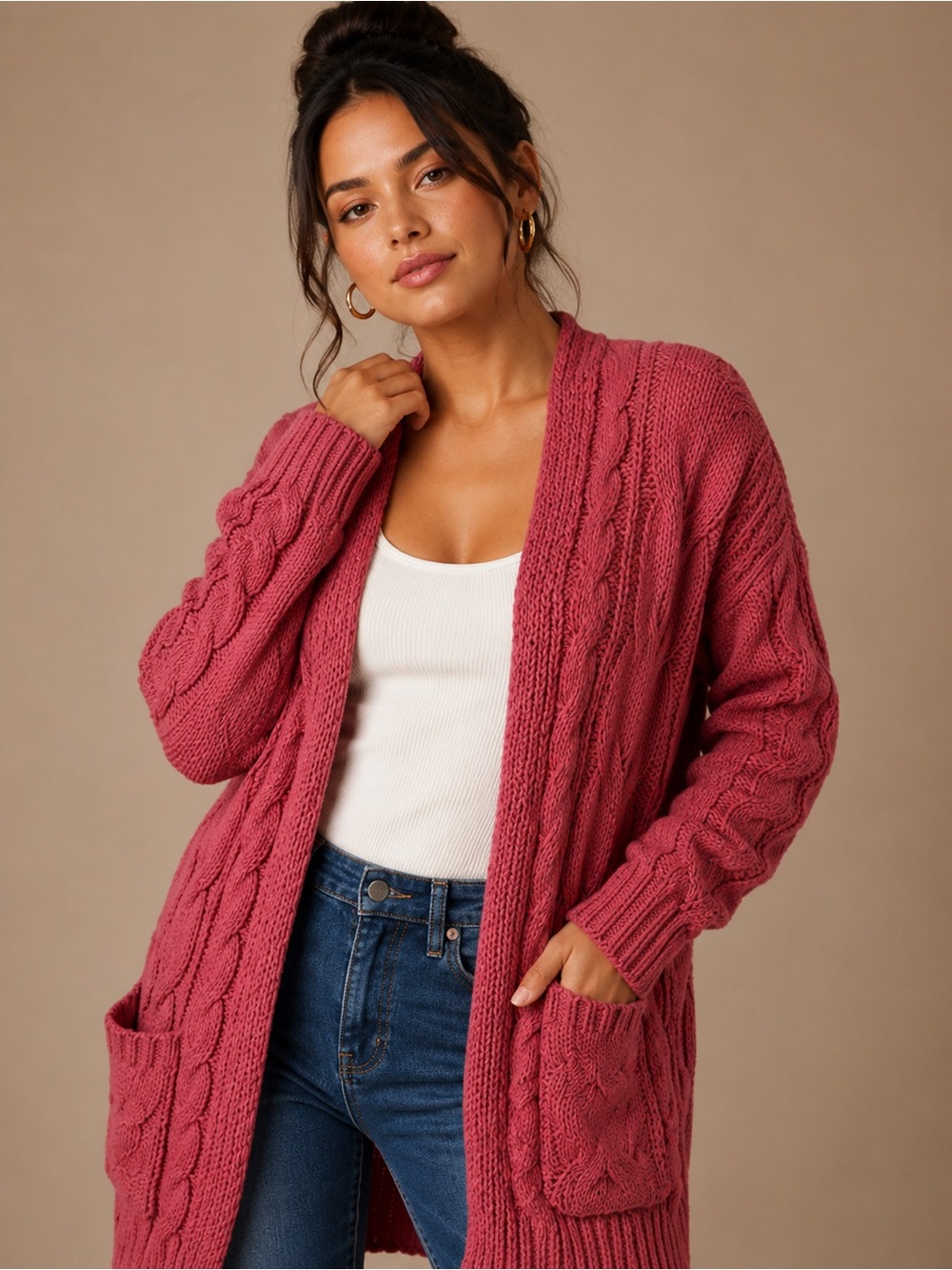 Cozy Soft Rose Pink Cable Knit Chenille Cardigan - Picture 3 of 12